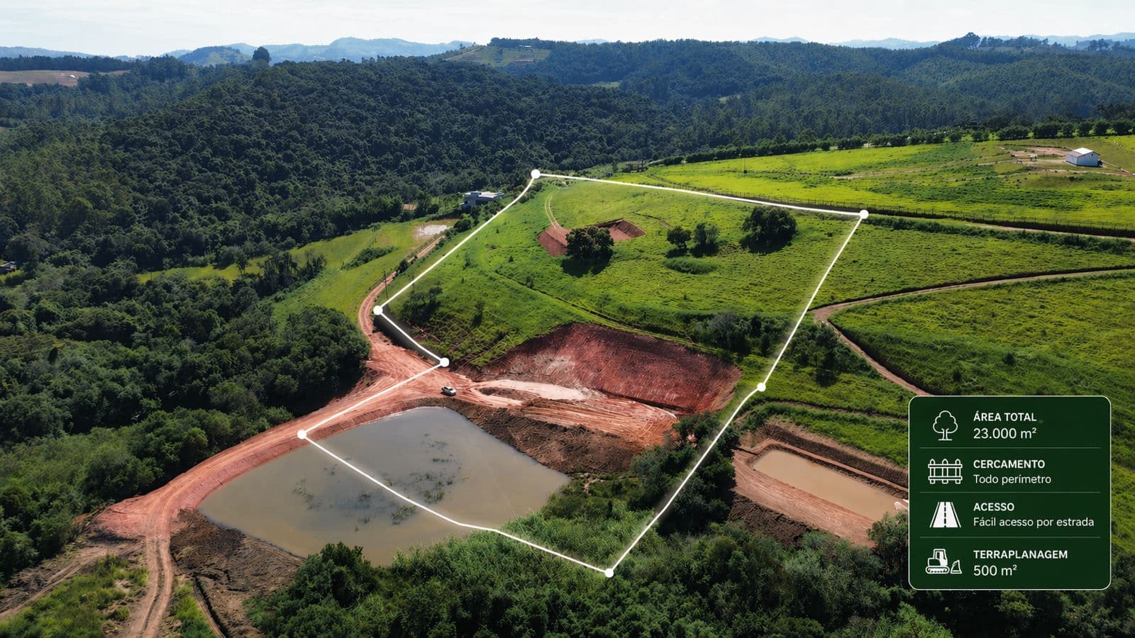 🌄 TERRENO À VENDA – 23.000m² 🌿✔ Terraplenagem pronta ✔ Lago nos fundos com nascente ✔ Vista incrível ✔ Internet fibra óptica ✔ 20% de área nativa preservada